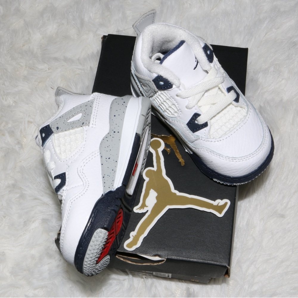 Nike Air Jordan 4 Retro White Midnight Navy TD Kids Sneakers BQ7670 140 Size 4C